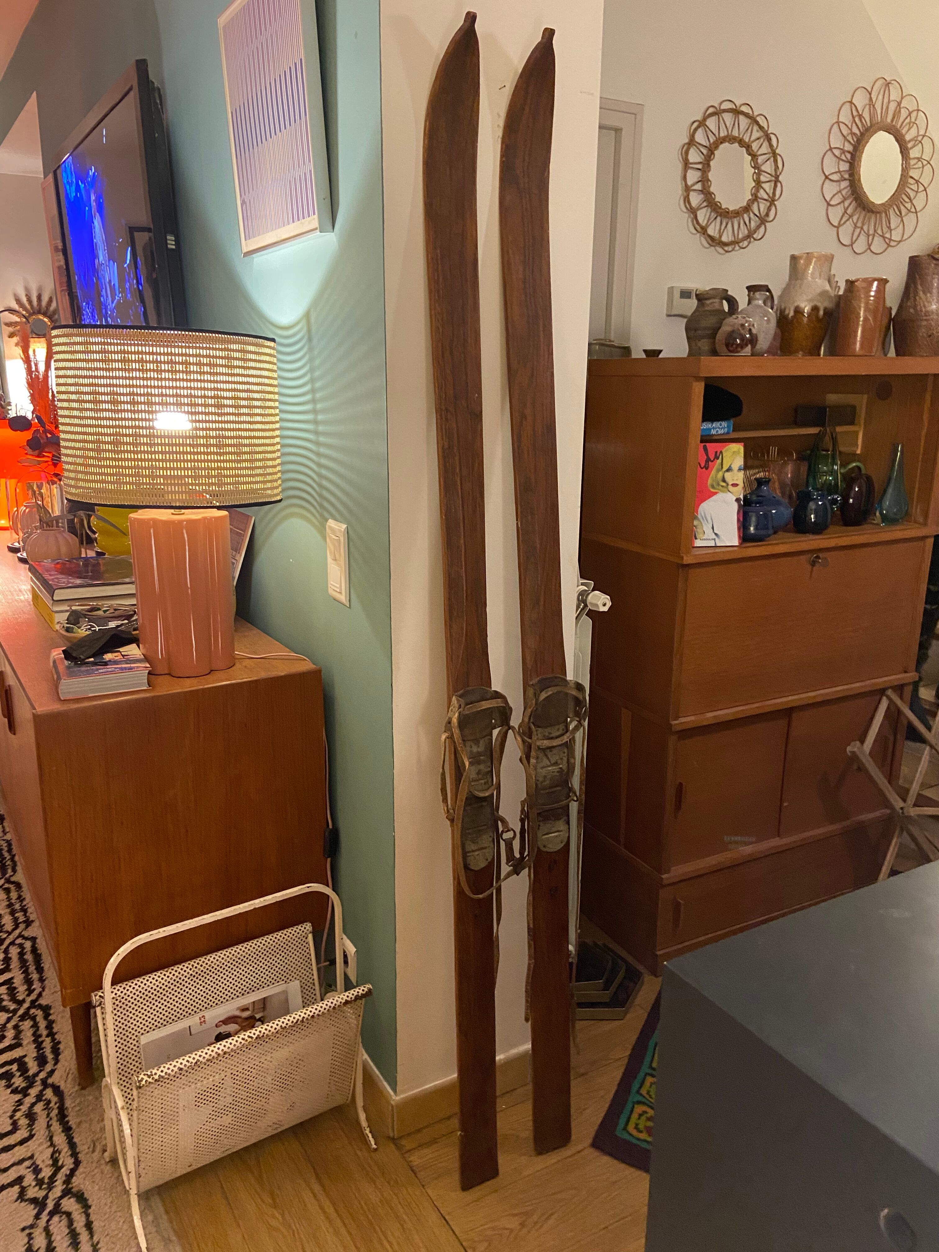 Pair of vintage wooden skis