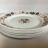 Six old flat earthenware plates from the 1930s, water lilies model