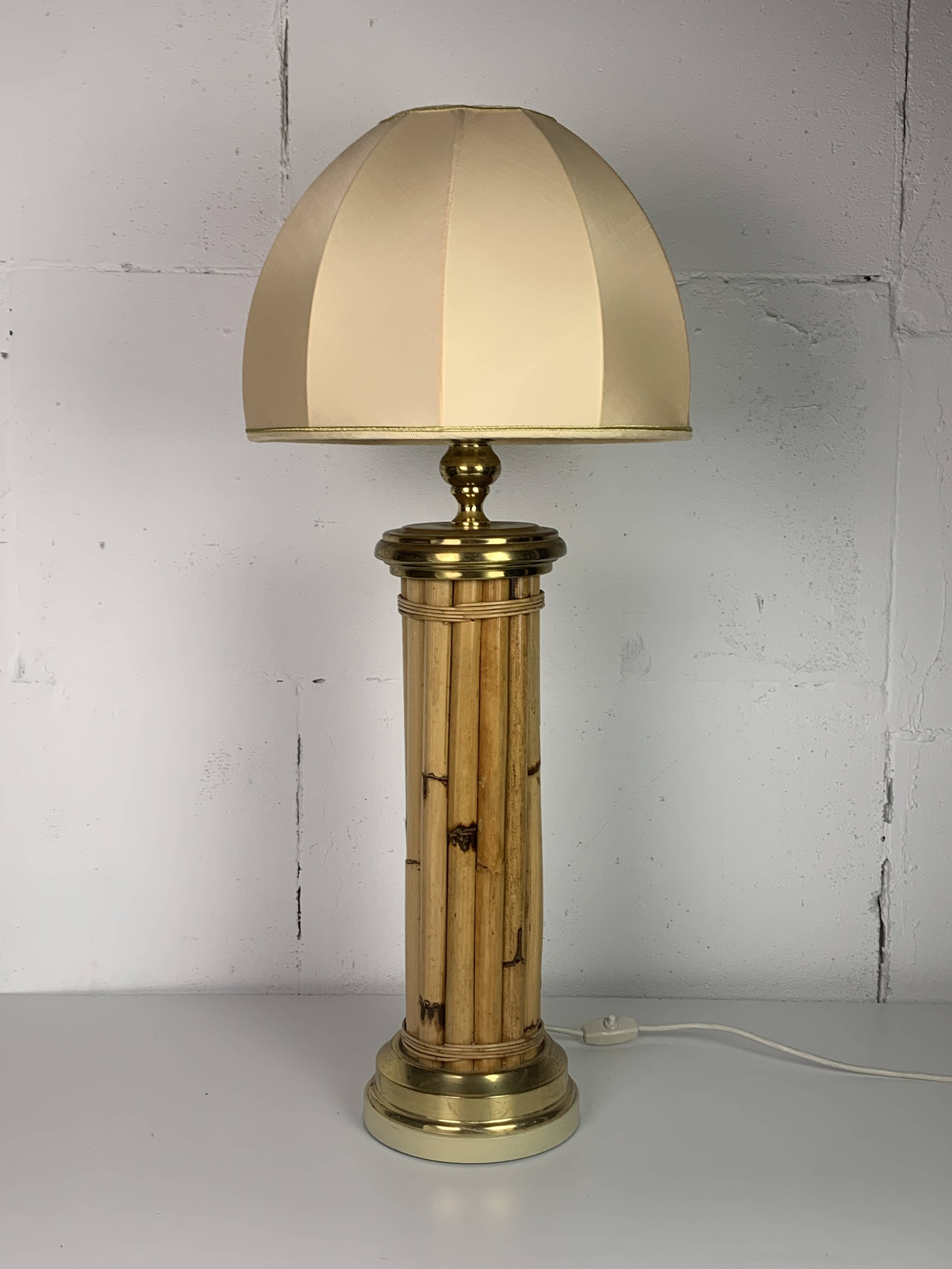 Midcentury bamboo and brass large mushroom table lamp by Leola, 1960s