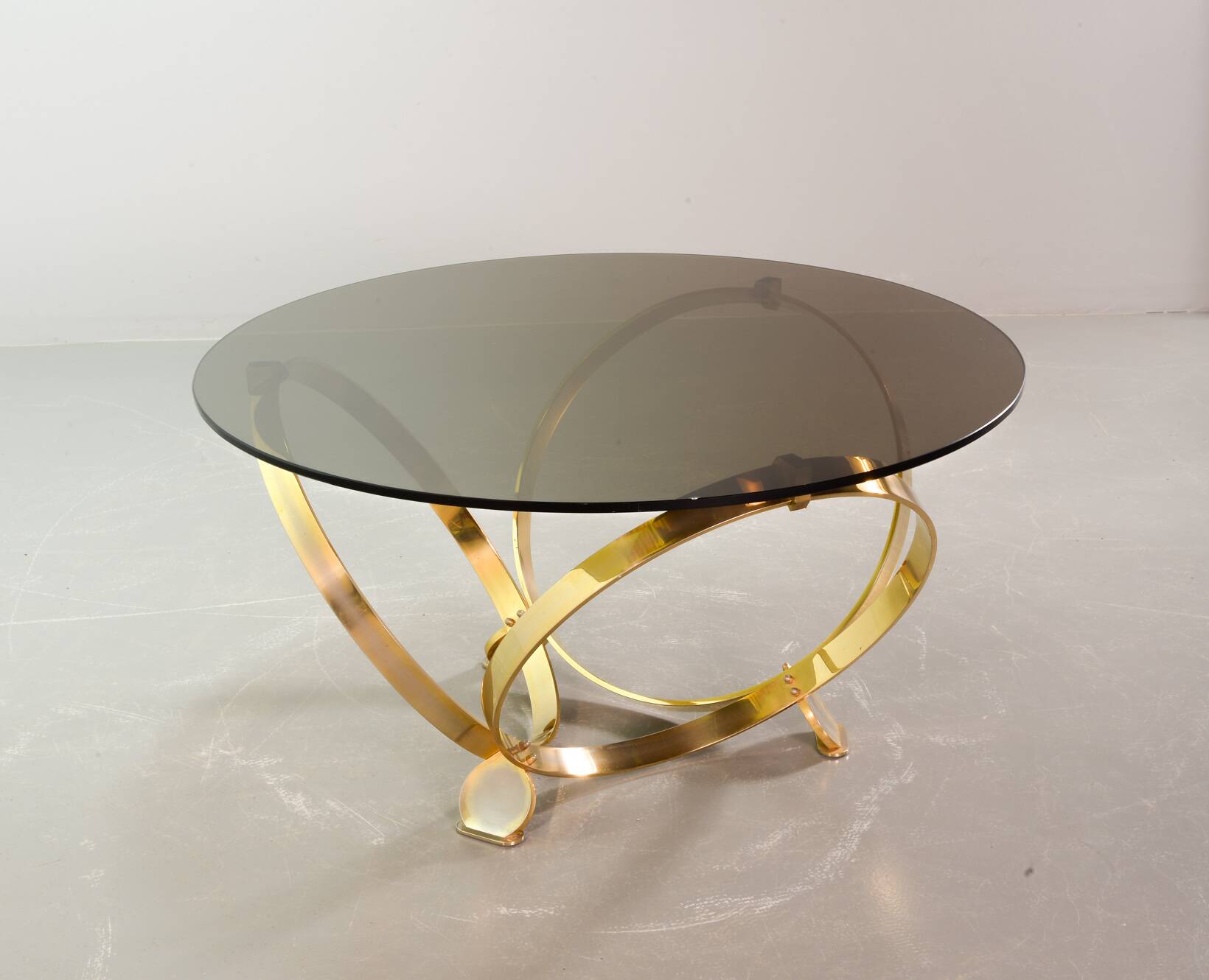 Knut Hesterberg Round Brass Coffee Table with Smoked Glass Top Germany, 70s