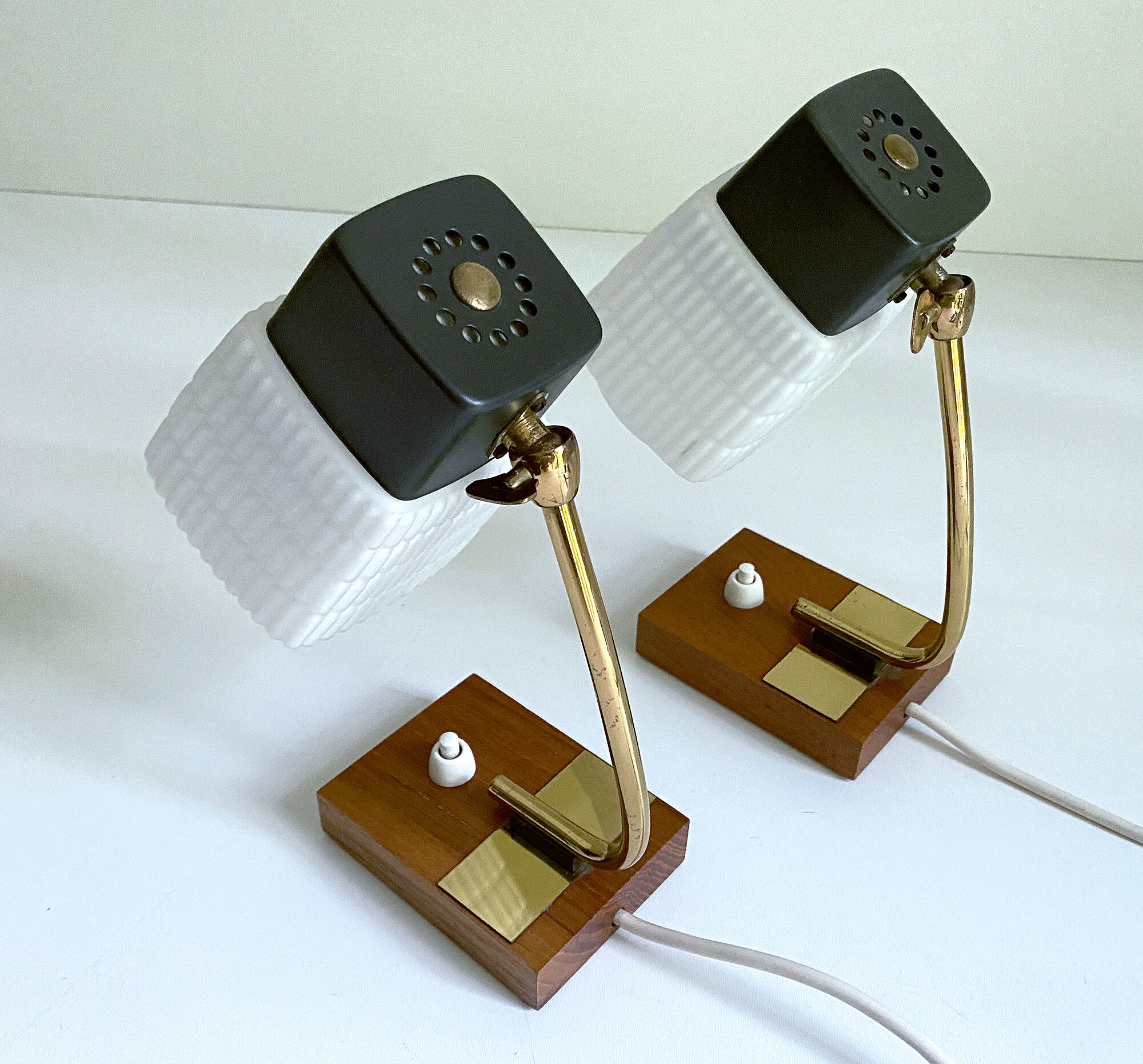 Pair of vintage Scandinavian lamps, teak and glass, 60s