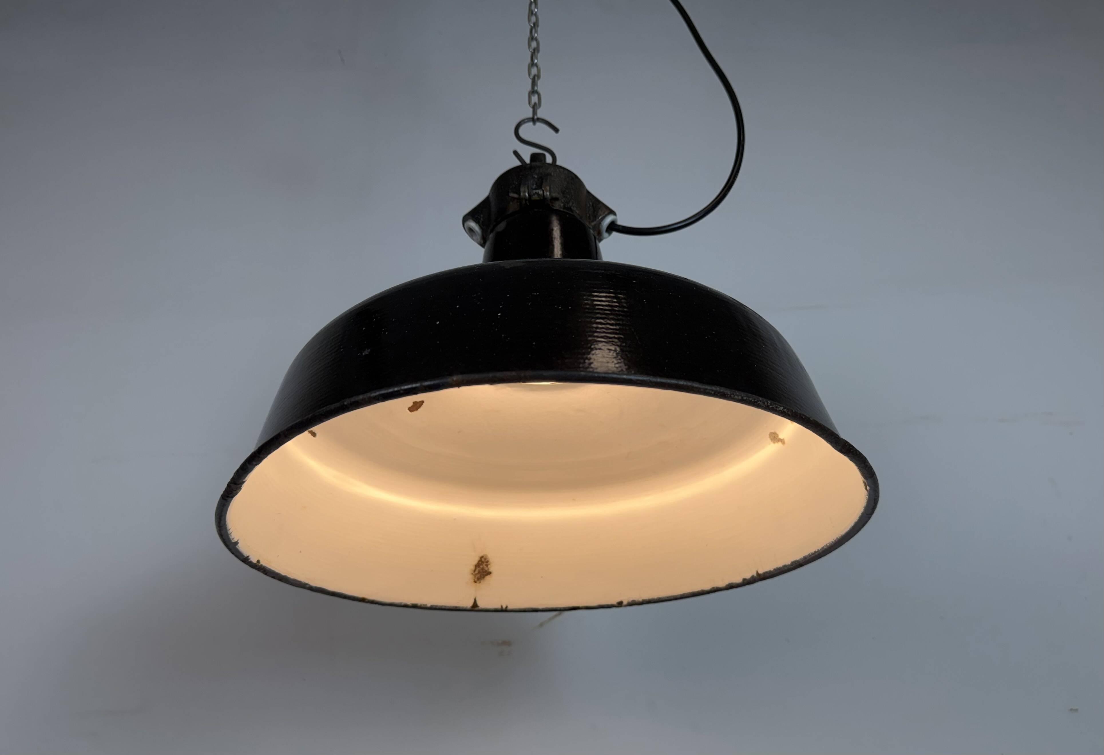Industrial Black Enamel Factory Lamp with Cast Iron Top, 1950s