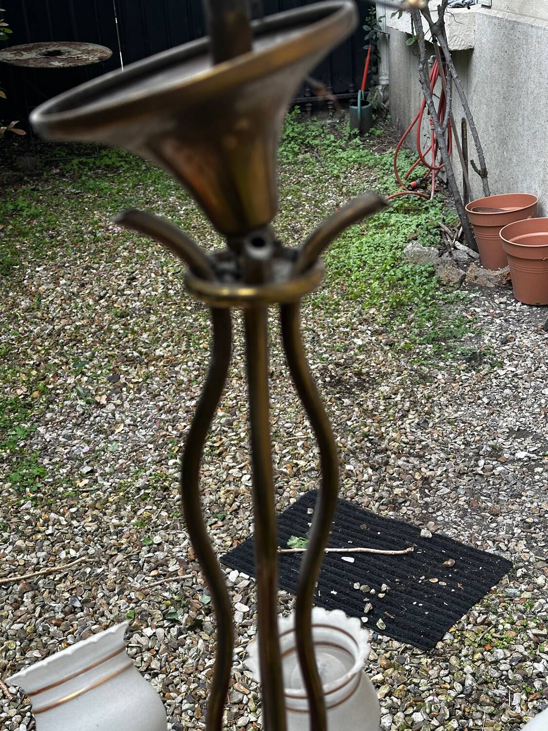 Vintage Lustre Brass and Frosted Glass with White and Gold Large Grains 8 Lights