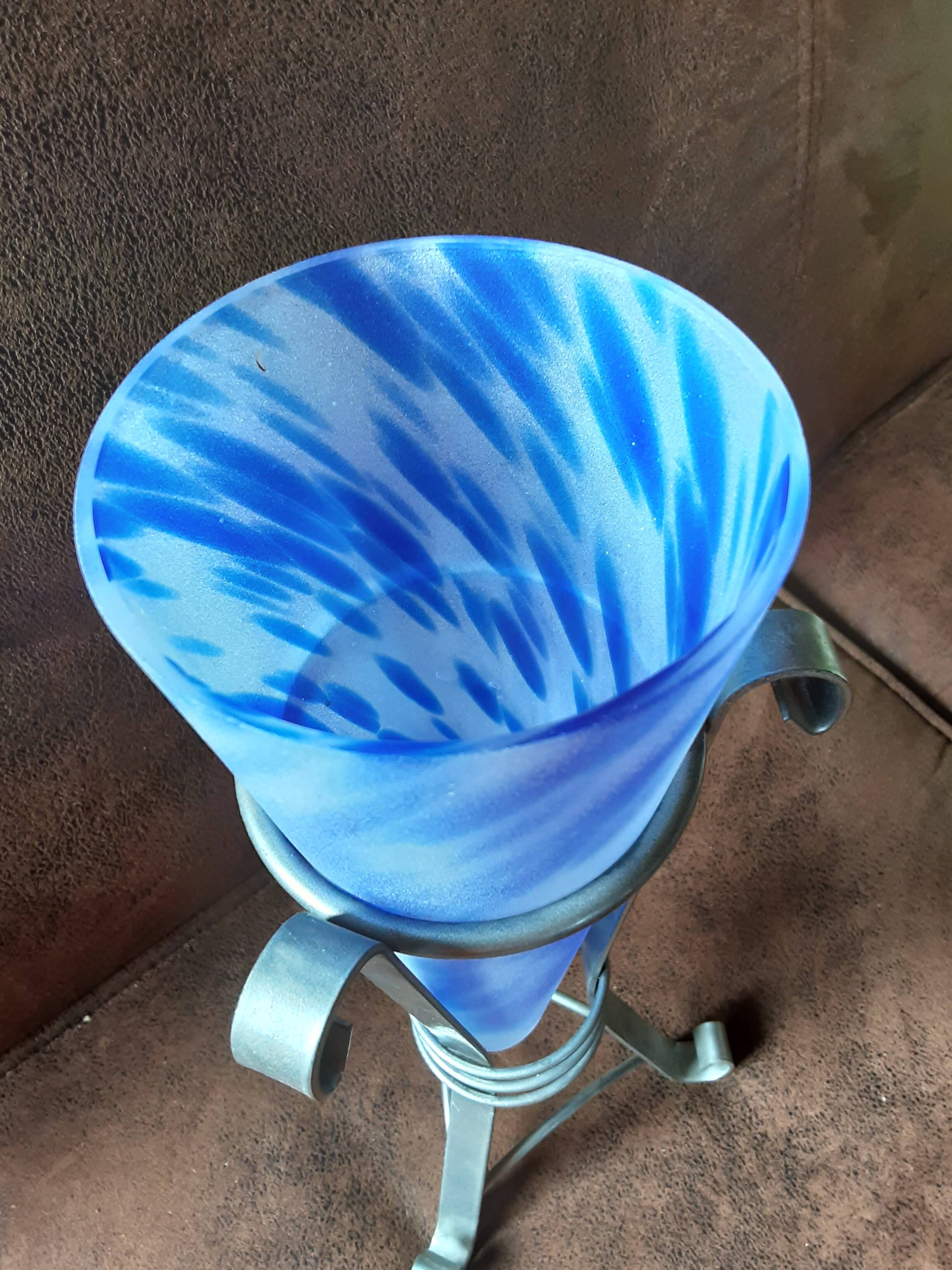 Marbled blue opaline vase on metal base