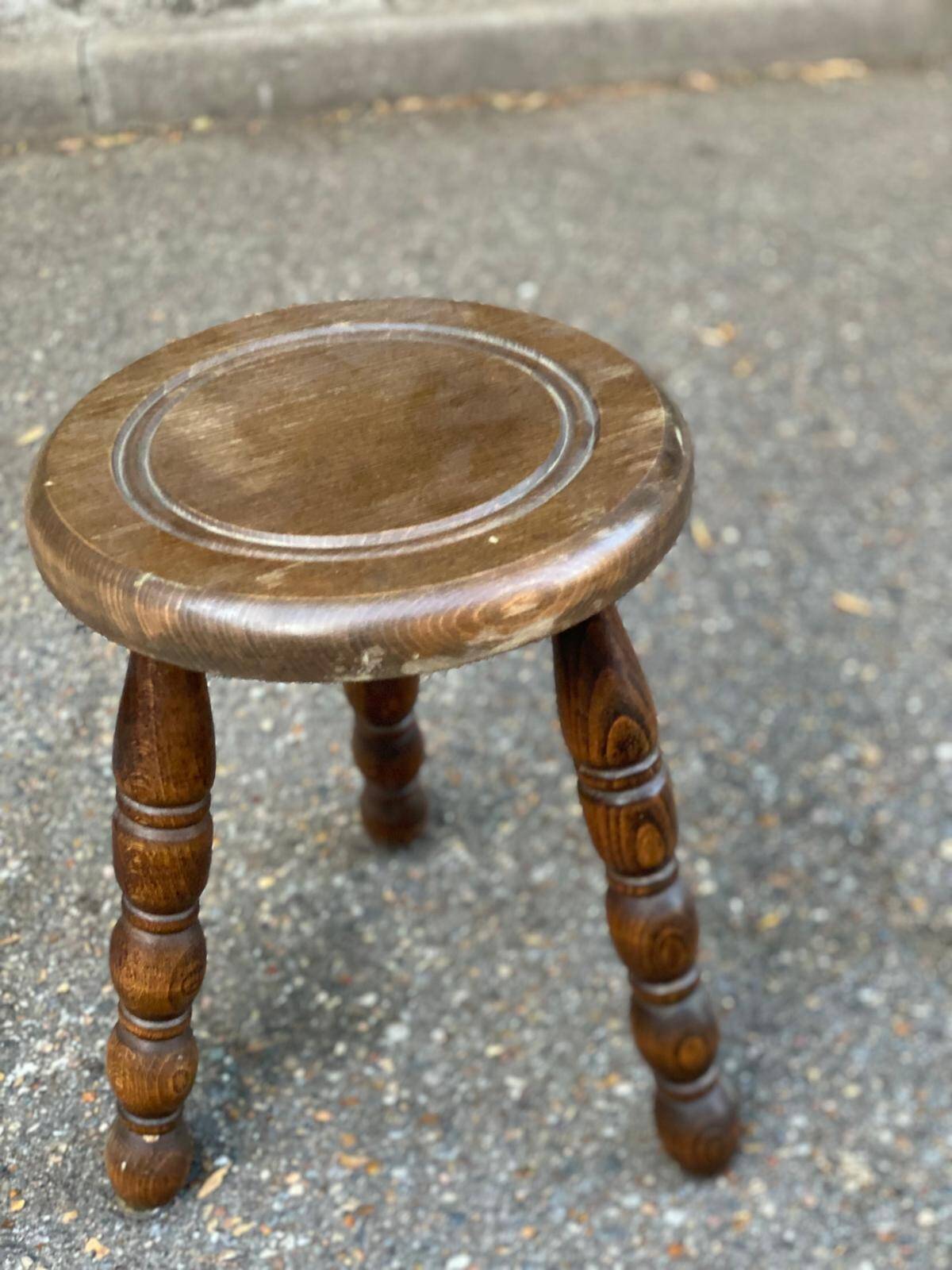 2 tripod stools in turned solid wood, Charles Dudouyt style, 1960.