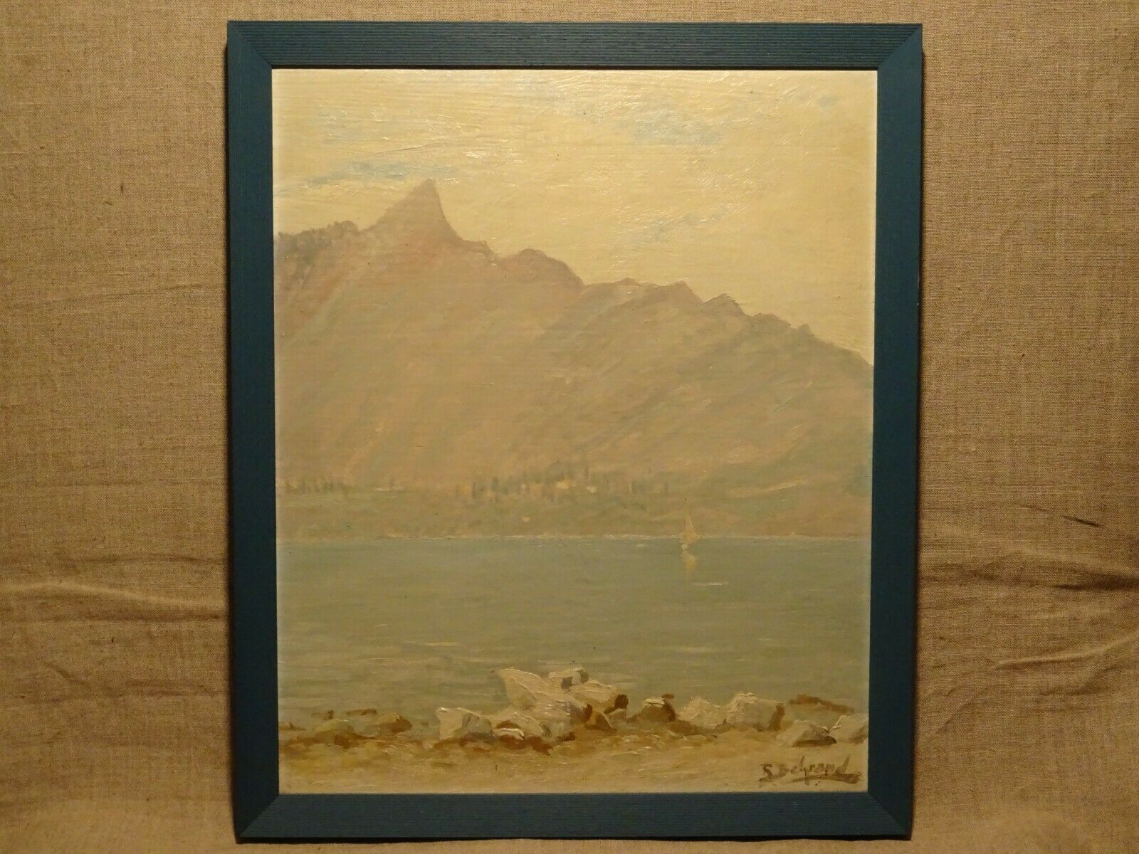 Peinture huile sur panneau Lac du Bourget Dent du chat Robert Belgrand