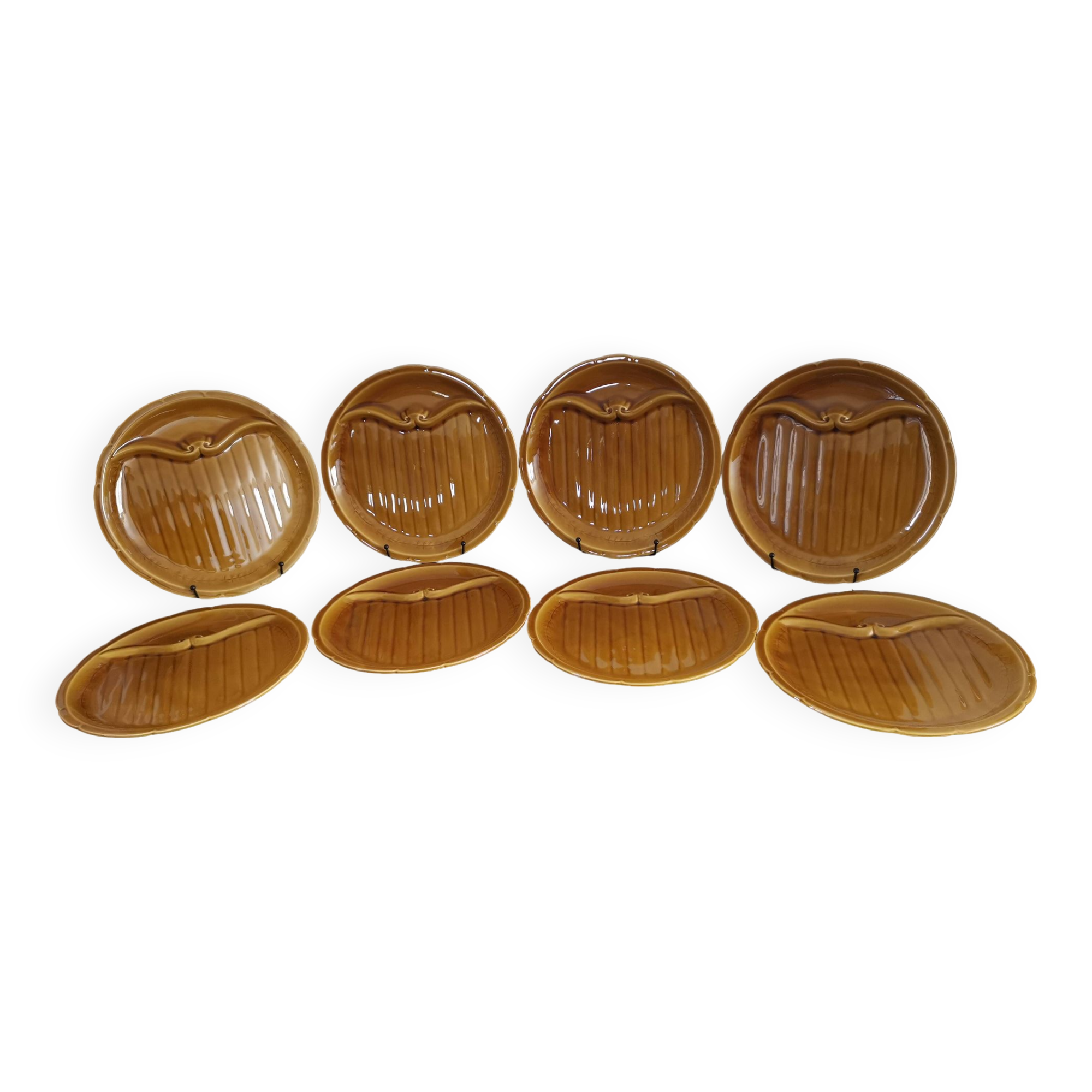 8 vintage Gien France asparagus plates in glazed brown slip