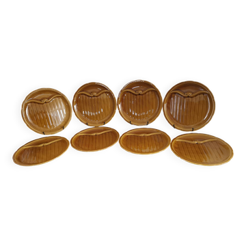8 vintage Gien France asparagus plates in glazed brown slip