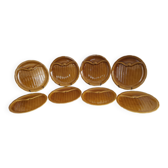 8 vintage Gien France asparagus plates in glazed brown slip