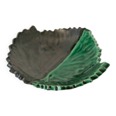 Two-tone ceramic leaf dish, green and black, signed, 1960.