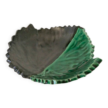 Two-tone ceramic leaf dish, green and black, signed, 1960.