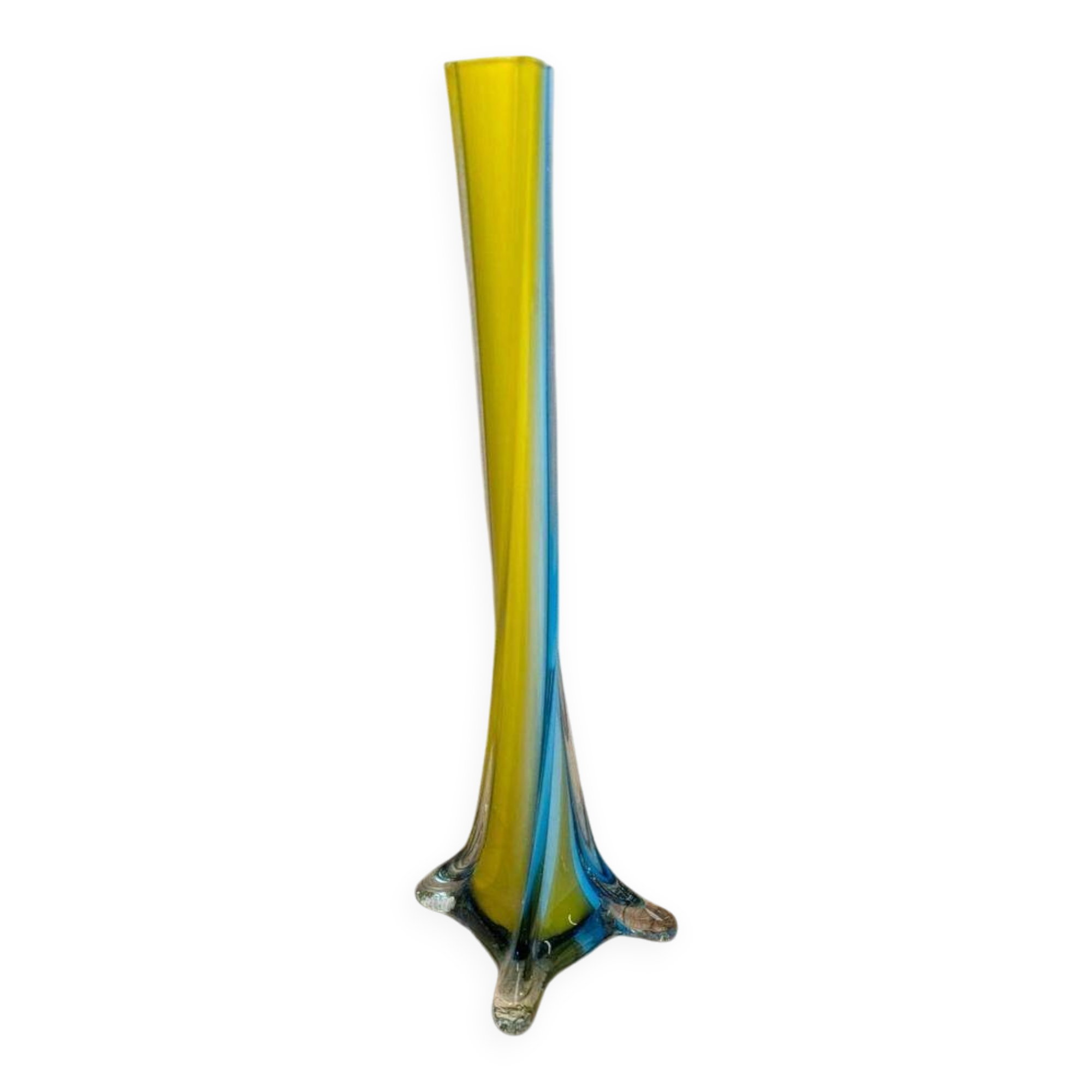 Vintage glass vase in blue and yellow Murano style.