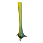 Vase vintage en verre coloré bleu et jaune style Murano