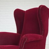 1960s, Danish highback wingback armchair, cherry-red furniture velour.