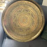 Moroccan coffee table in engraved brass and carved wood
