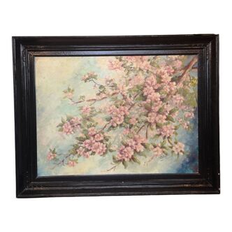 Oil on Japanese wood, cherry blossom, signed