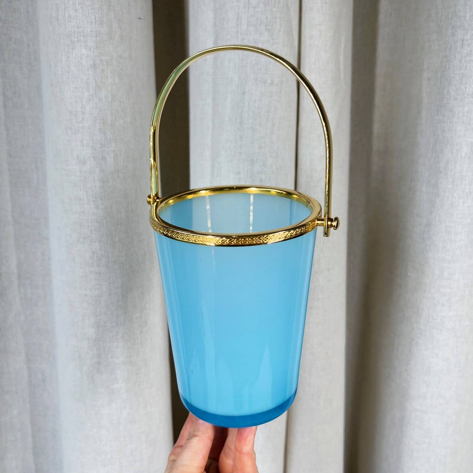 Vintage ice bucket in blue opaline and gold metal