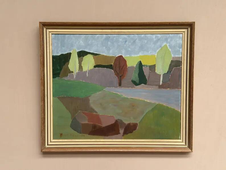 Original Swedish Oil on Panel – “Trees and Fields” by Carl‑Einar Andersson (1925–1975) – 1959 – Vintage & Framed – 53 × 44.5cm (20.9"×17.5")