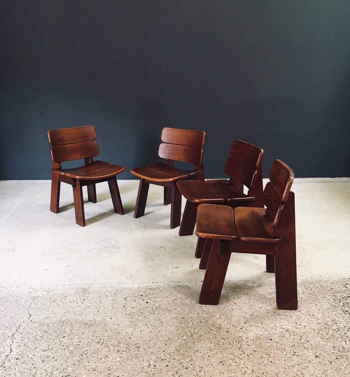 Constructivist Oak Dining Chairs, Belgium, 1960s, Set of 4