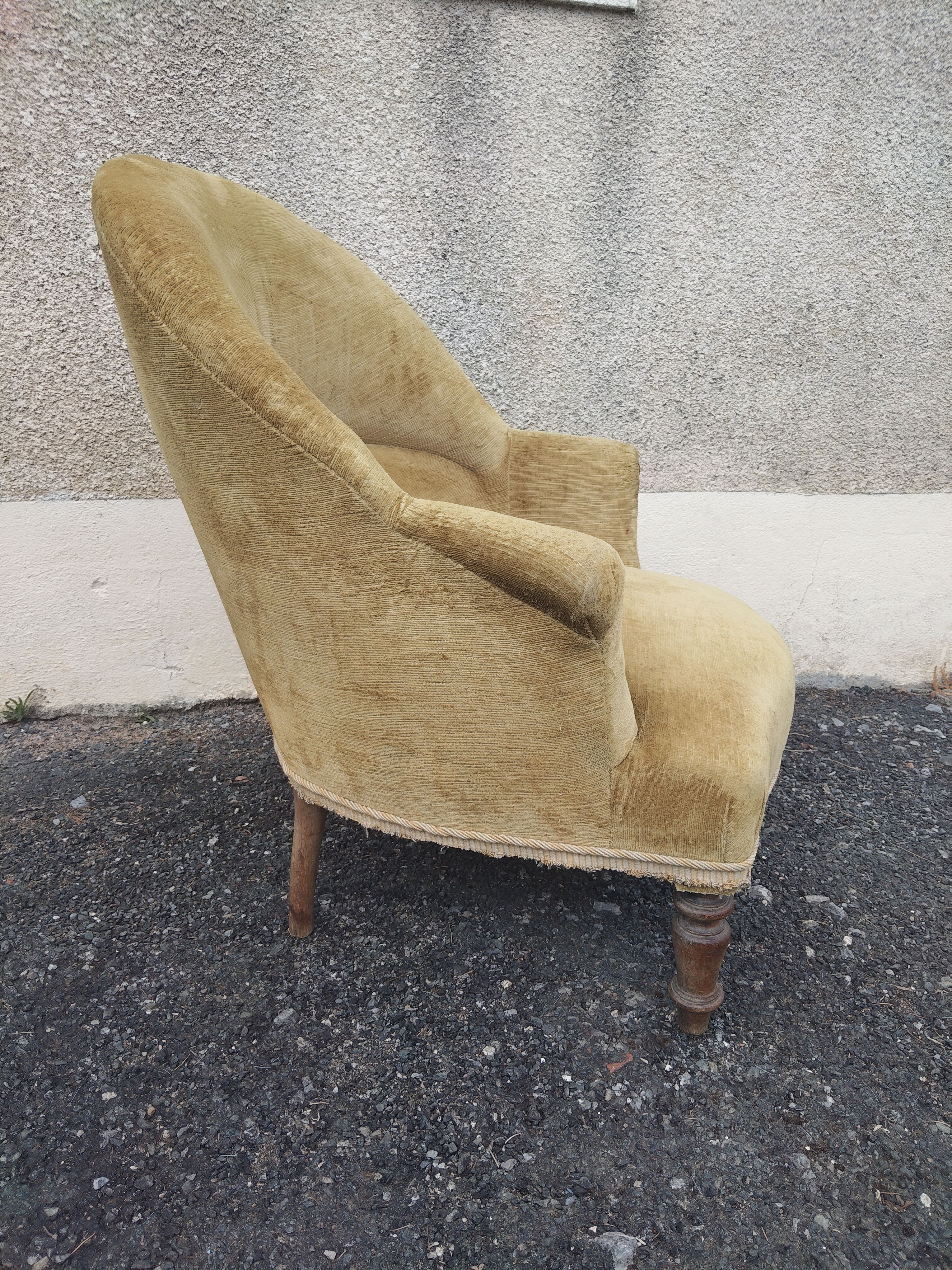 Antique Napoleon III crab chair in patinated mustard velvet.