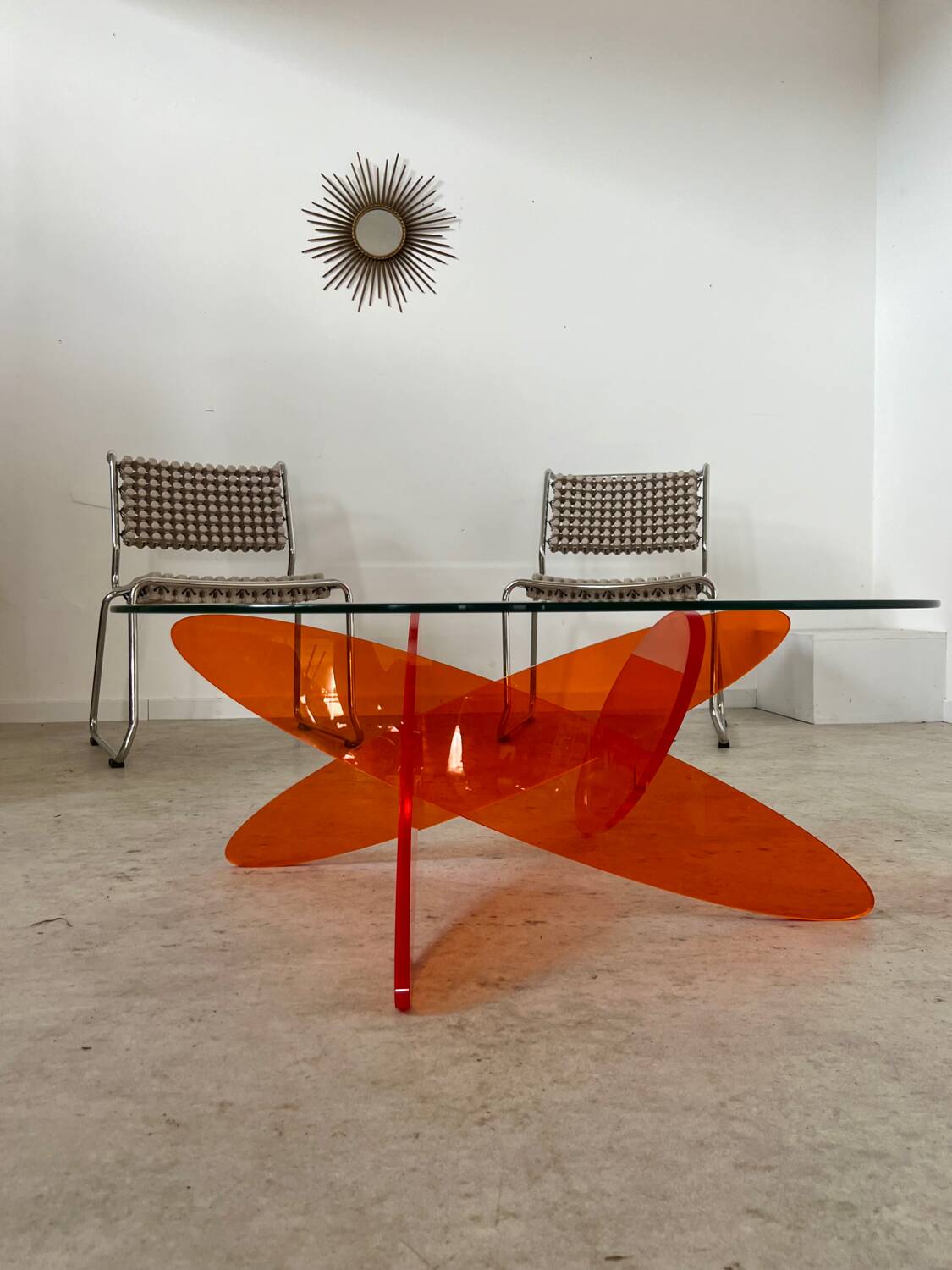 Geometric coffee table glass and orange plexi design 70s Space vintage age