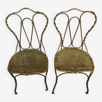 French work from the 19th century: pair of garden chairs in twisted gold metal