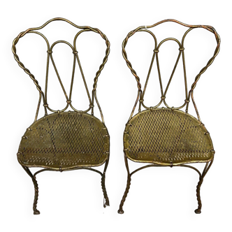 French work from the 19th century: pair of garden chairs in twisted gold metal