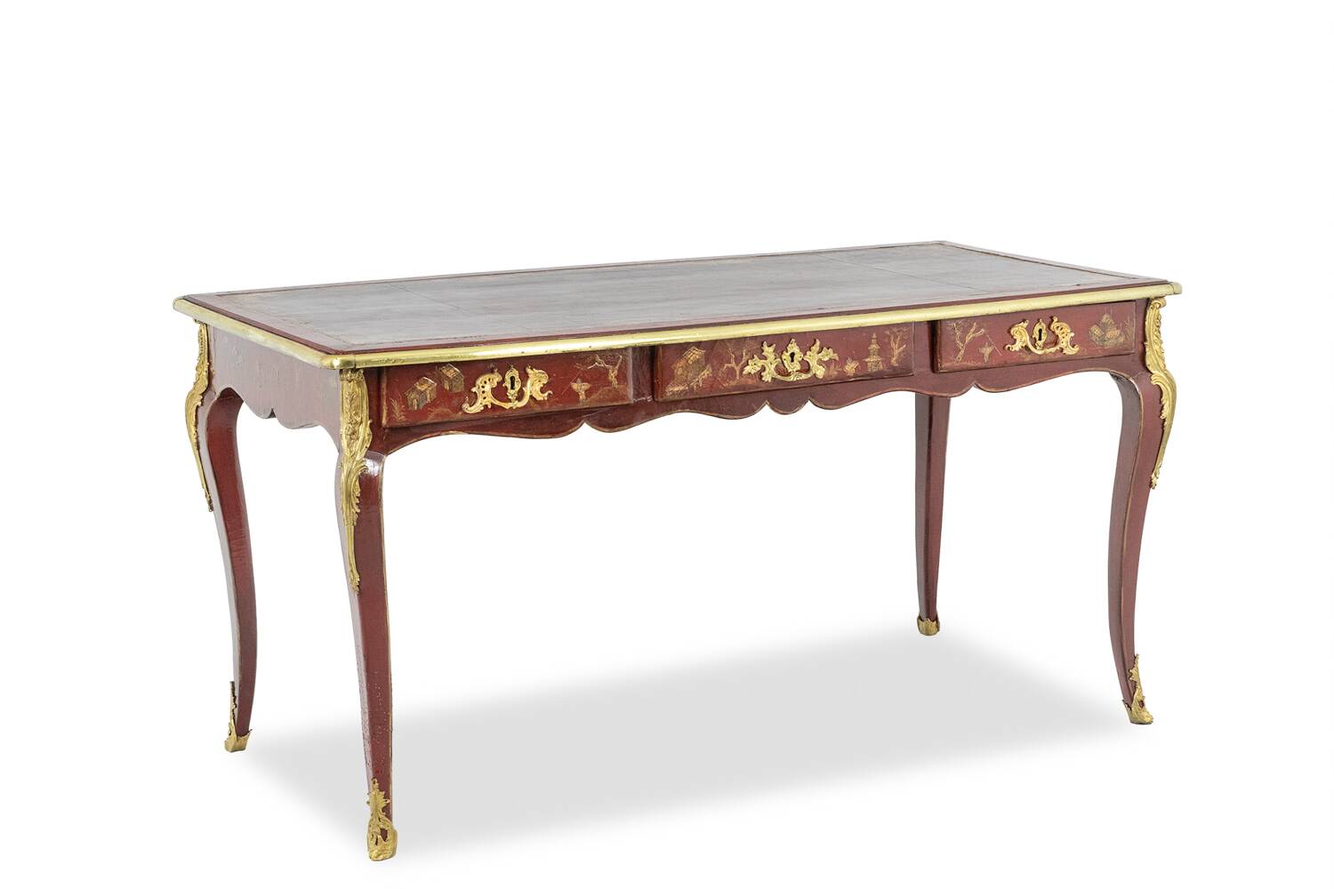 Louis XV style bureau plat with lake scene decoration. Circa 1850.