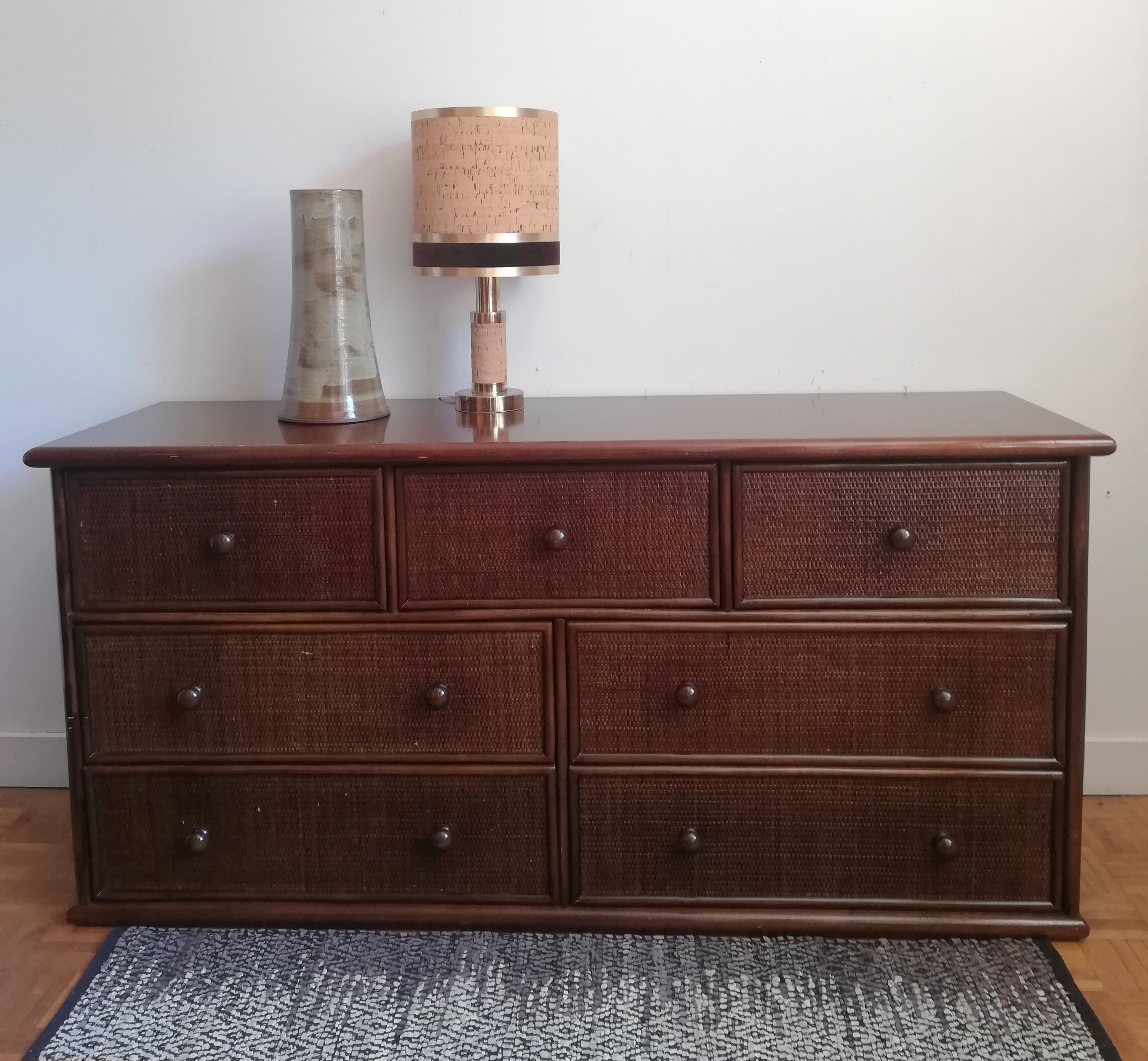 Chest of drawers braided rattan and wood