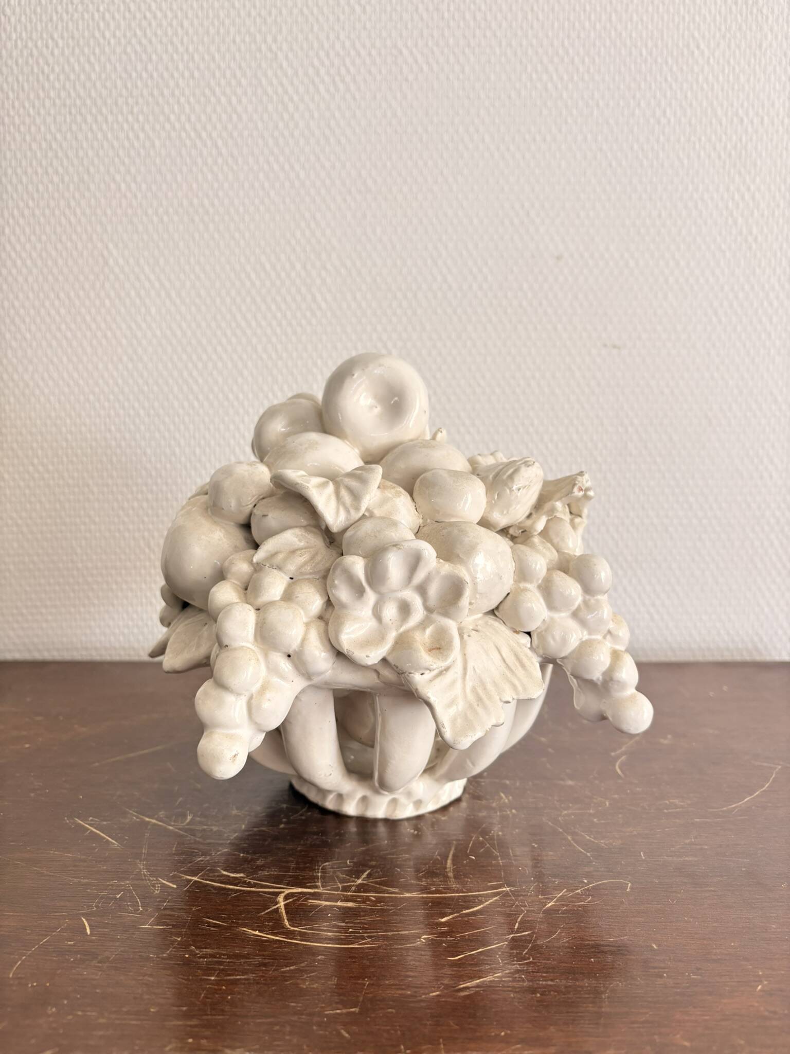 Ceramic Fruit Basket Sculpture Enamelled White 19th Century Malicorne