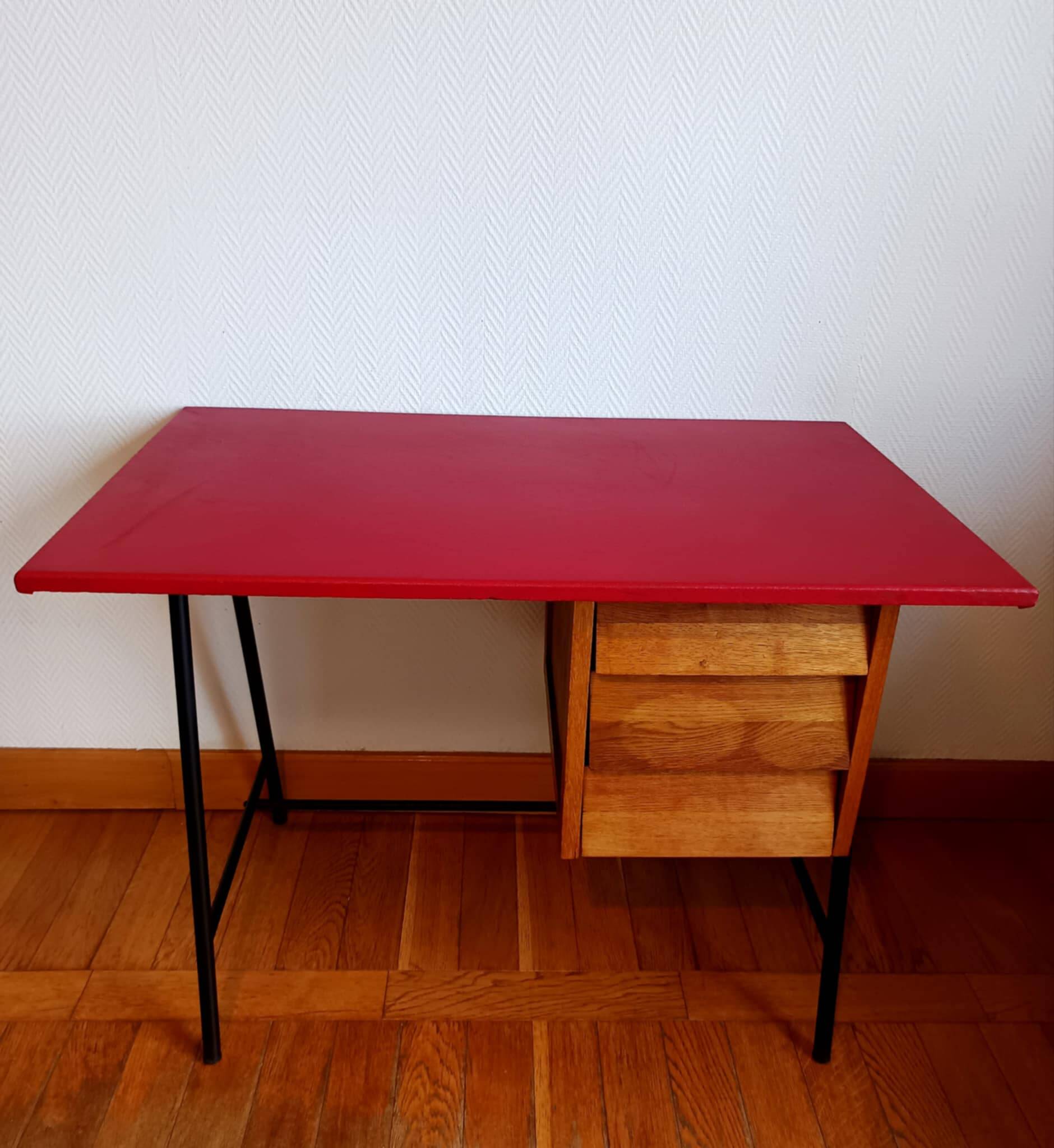 Bureau mid century skaï rouge