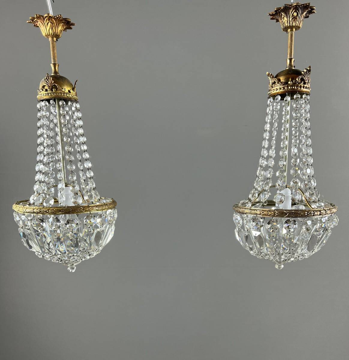 Pair of bronze and crystal chandelier pendants, late 19th century.