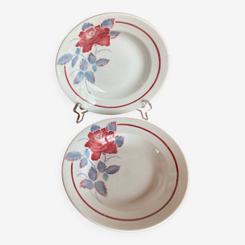 2 assiettes creuses anciennes Digoin Sarreguemines modèle Sobral fleur de rose