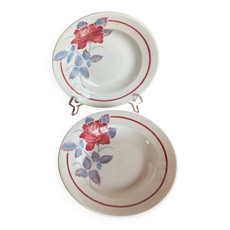 2 old Digoin Sarreguemines soup plates, Sobral rose flower model