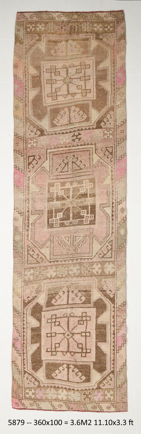 3x12 brown & beige vintage runner rug 100x360cm