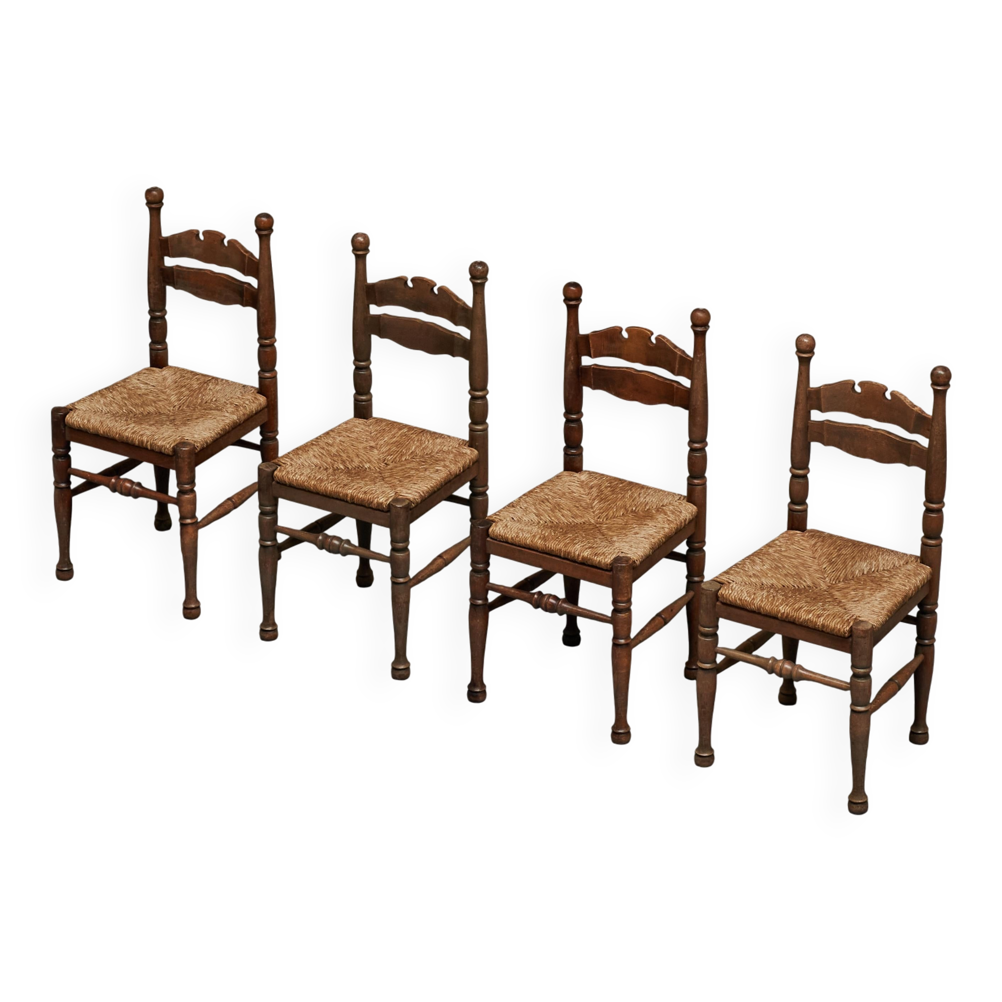 Set of 4 oak and bamboo chairs, 1950s.