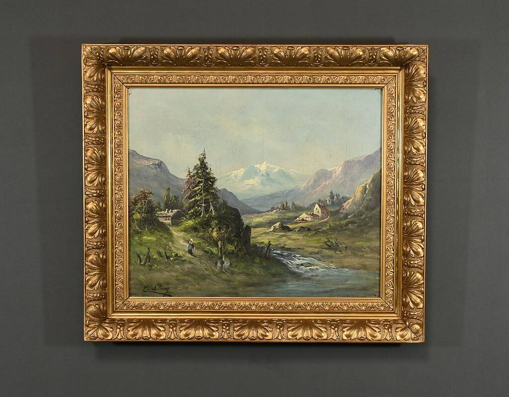 Oil on canvas "Mountain Landscape", signed C. Lion – Late 19th century