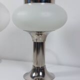 Pair of vintage futuristic style table lamps in chrome and opal glass.