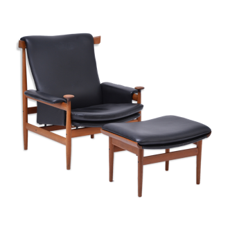 Black Finn Juhl Easy Chair Model Bwana with Foot Stool Produced by France & Son