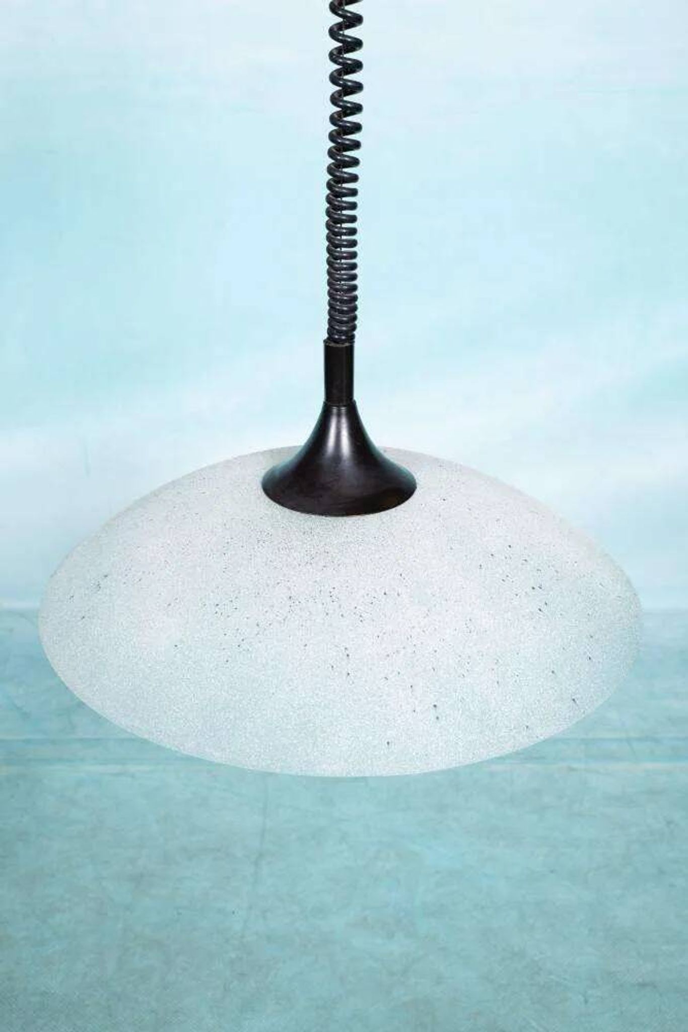 1980s Memphis glass suspension, vintage pull switch lamp.
