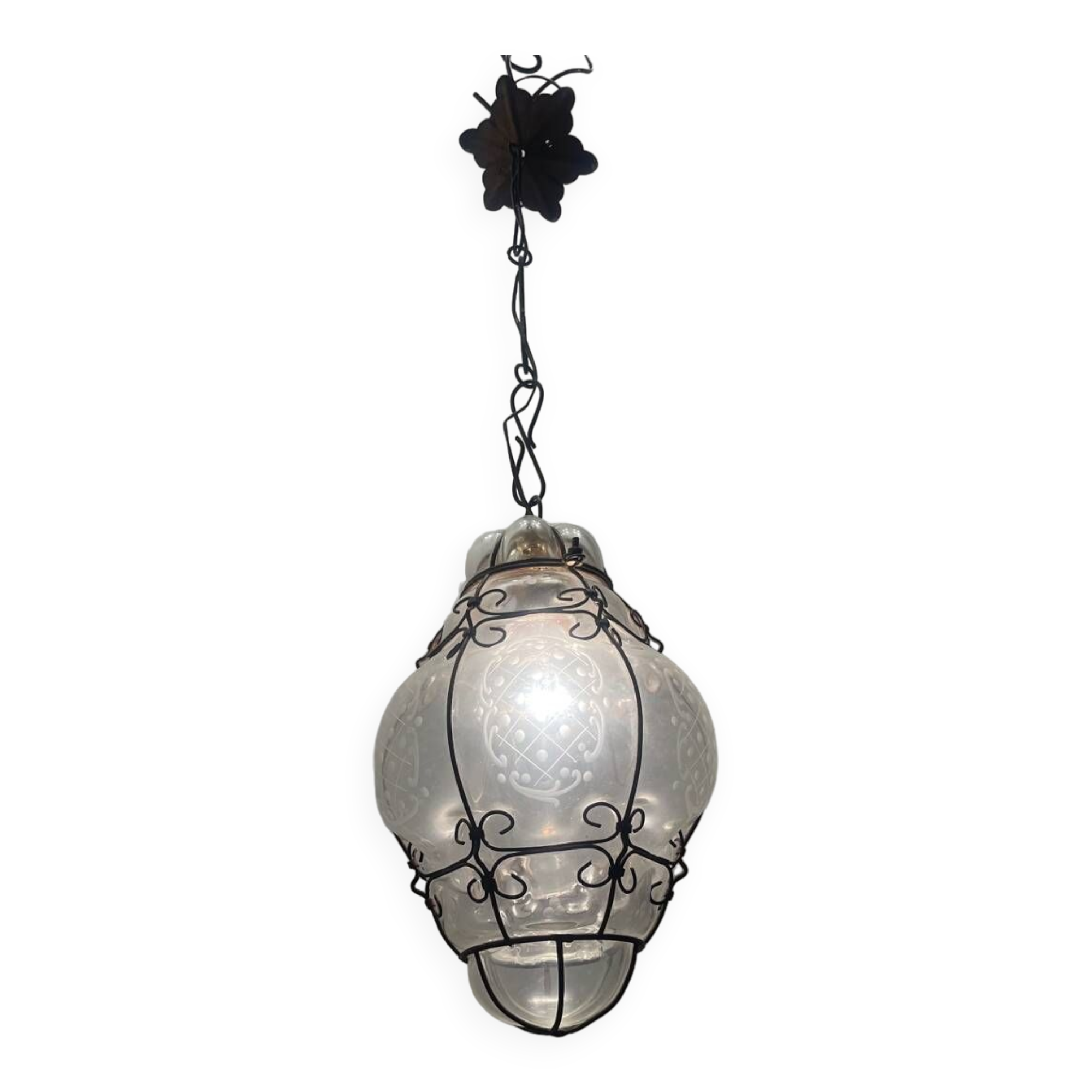 Wrought Iron Murano Glass Light Pendant 1950’s