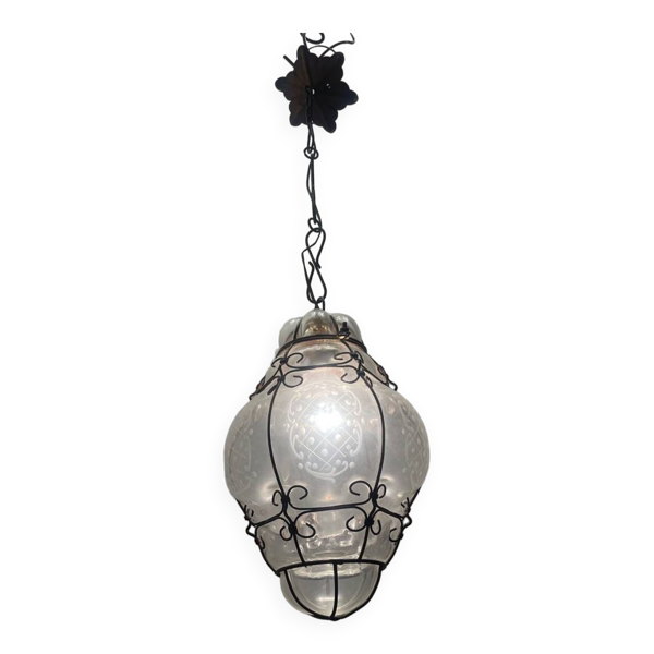 Suspension en fer forgé et verre de Murano des années 1950