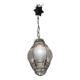 Wrought Iron Murano Glass Light Pendant 1950’s