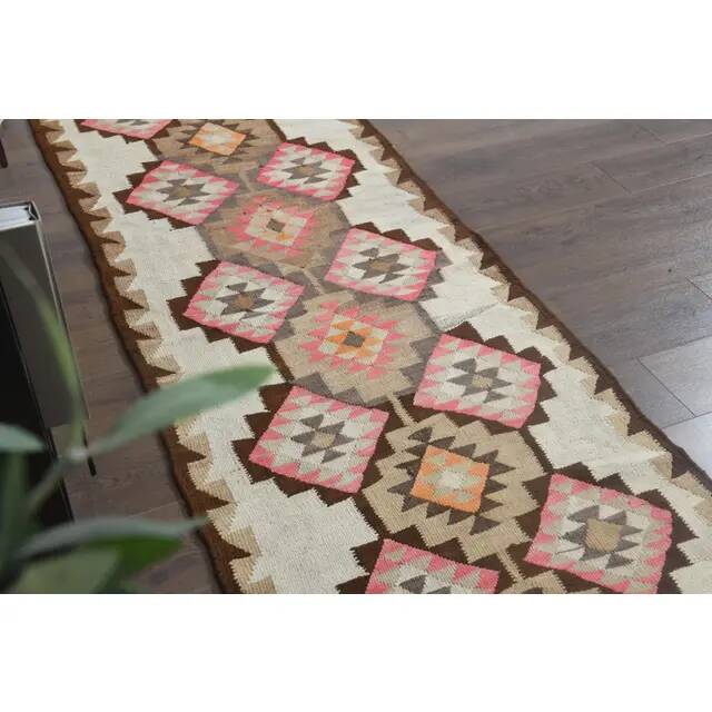 1970s Turkish Oushak Handmade Wool Cotton Pink Runner Rug 92x267
