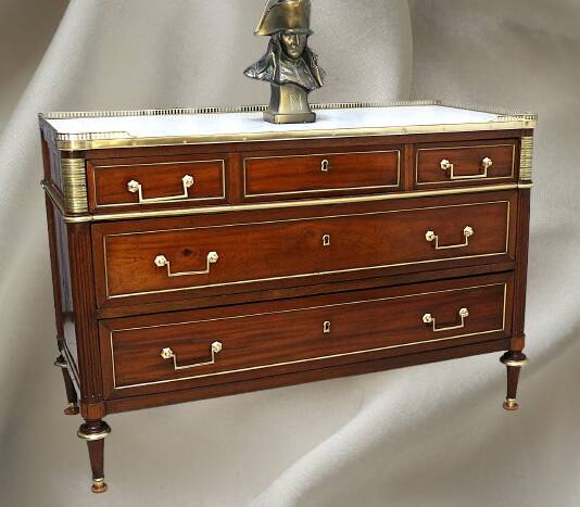 Louis XVI Officer's Chest of Drawers, 19th (19th) Century, Mahogany & Marble