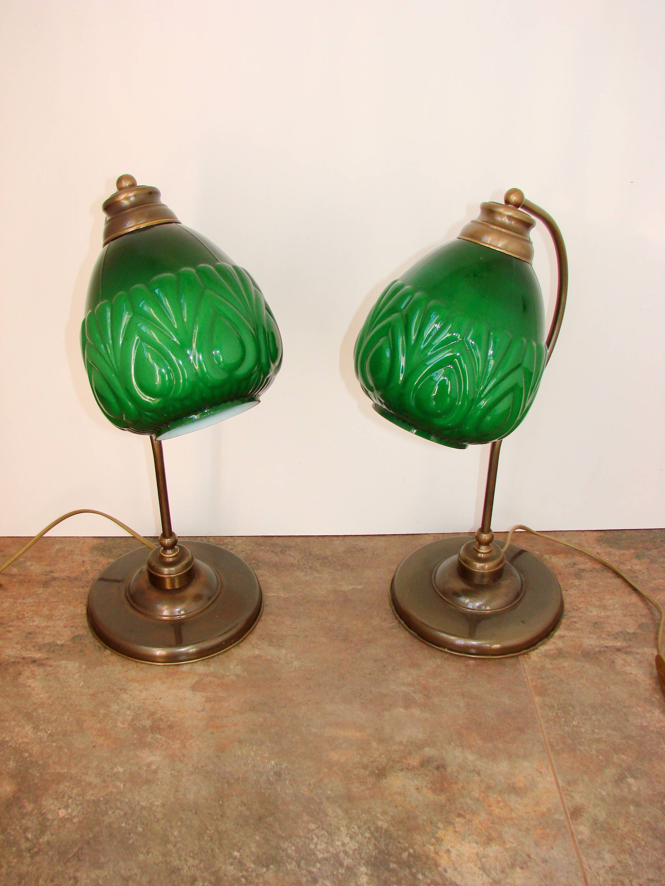 A pair of modern 1980s table lamps, brass and glass, E27, height 48 cm