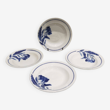 4 assiettes creuse fleur bleu Badonviller modèle Marlene vintage