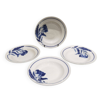 4 assiettes creuse fleur bleu Badonviller modèle Marlene vintage