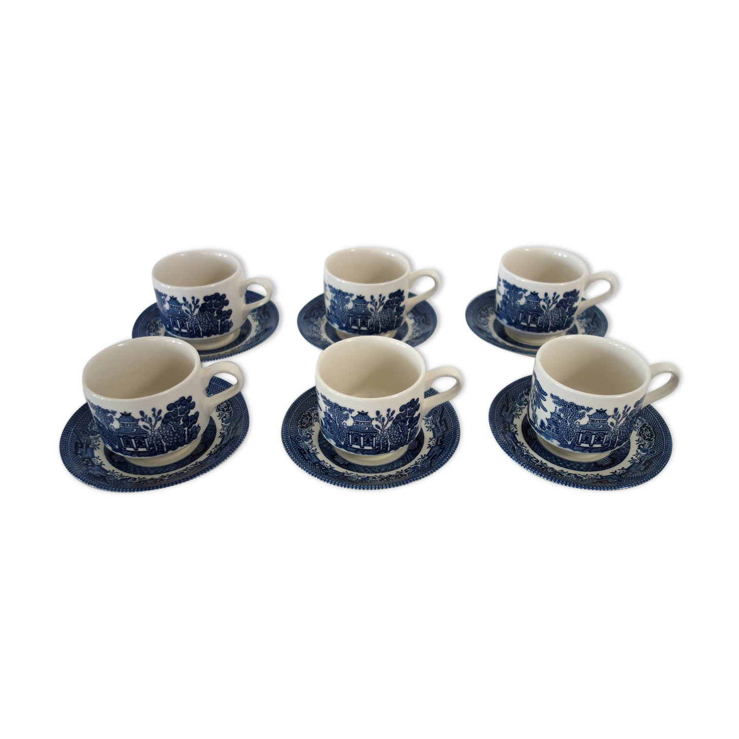 6 Vintage Blue Willow CHURCHILL Cups and Saucers, England
