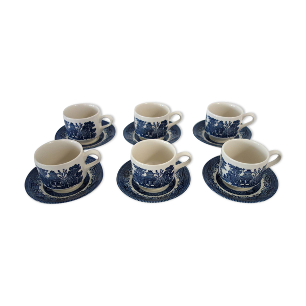 6 tasses et soucoupes vintage bleu Willow Churchill, Angleterre